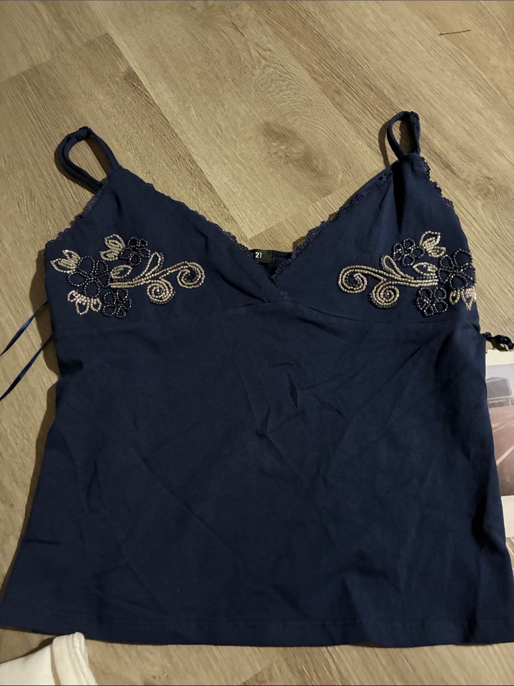 Forever 21 Navy Embroidered Floral Spaghetti Strap Tank
